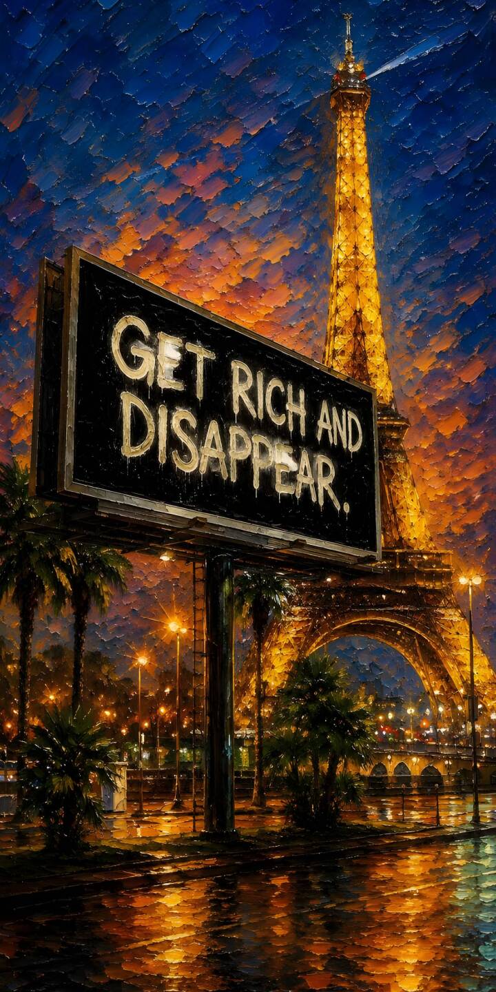 The glowing 'GET RICH AND DISAPPEAR' billboard commands attention against the richly textured, impressionistic sky above the iconic Eiffel Tower in this stunning 4K wallpaper. This evocative wallpaper, featuring wet city reflections, is perfect for an iPhone. | aesthetic billboard iphone paris wallpaper mobile 4k wallpaper hd wallpaper night city eiffel tower impressionistic art street message The glowing 'GET RICH AND DISAPPEAR' billboard commands attention against the richly textured, impressionistic sky above the iconic Eiffel Tower in this stunning 4K wallpaper. This evocative wallpaper, featuring wet city reflections, is perfect for an iPhone.