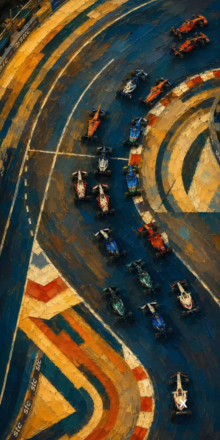 Vibrant brushstrokes define the intense F1 race cars speeding around a tight bend in this artistic 4K wallpaper, making it a compelling wallpaper for iPhone users who appreciate dynamic automotive art. The unique top-down perspective captures the colorful fleet in full motion on the blue and orange track. | iphone dynamic wallpaper f1 speed formula 1 artistic mobile 4k wallpaper hd wallpaper race cars top down Vibrant brushstrokes define the intense F1 race cars speeding around a tight bend in this artistic 4K wallpaper, making it a compelling wallpaper for iPhone users who appreciate dynamic automotive art. The unique top-down perspective captures the colorful fleet in full motion on the blue and orange track.