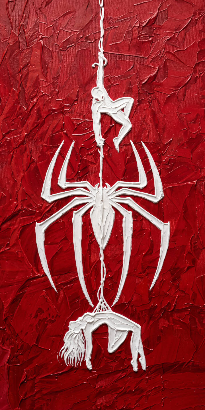 The rich, impasto texture of deep red paint provides a dynamic backdrop for the raised white Spider-Man logo in this compelling 4K wallpaper, featuring abstract figures dangling by a web line — a striking wallpaper for iPhone users. | superhero marvel spiderman iphone minimalist wallpaper mobile 4k wallpaper hd wallpaper red aesthetic spider-man textured art The rich, impasto texture of deep red paint provides a dynamic backdrop for the raised white Spider-Man logo in this compelling 4K wallpaper, featuring abstract figures dangling by a web line — a striking wallpaper for iPhone users.