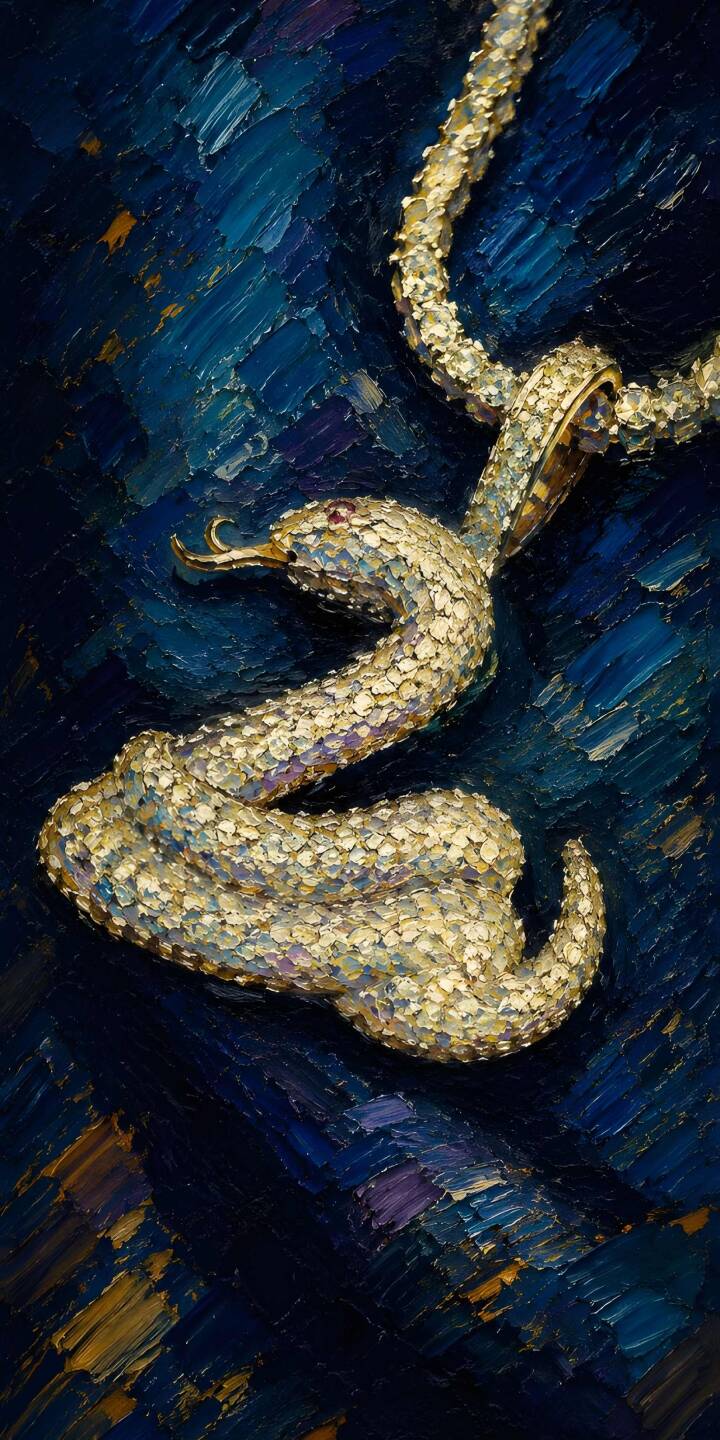 The intricate, jewel-like scales of a golden snake glimmer against a rich, impasto blue background in this stunning 4K wallpaper for iPhone. This opulent snake wallpaper captures a sense of mysterious elegance, perfect for your mobile device. | snake iphone luxury wallpaper mobile serpent 4k wallpaper hd wallpaper blue background textured art impasto golden snake The intricate, jewel-like scales of a golden snake glimmer against a rich, impasto blue background in this stunning 4K wallpaper for iPhone. This opulent snake wallpaper captures a sense of mysterious elegance, perfect for your mobile device.