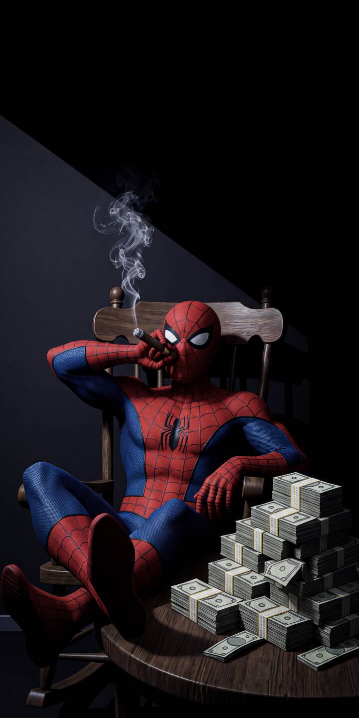 Curling smoke rises from a cigar as Spider-Man, in a surprisingly relaxed and boss-like pose, sits surrounded by stacks of money in this high-definition 4K wallpaper. This stunning wallpaper for iPhone captures a unique take on the friendly neighborhood hero. | superhero cigar money gangster iphone wallpaper spidey boss mobile 4k wallpaper hd wallpaper spider-man Curling smoke rises from a cigar as Spider-Man, in a surprisingly relaxed and boss-like pose, sits surrounded by stacks of money in this high-definition 4K wallpaper. This stunning wallpaper for iPhone captures a unique take on the friendly neighborhood hero.