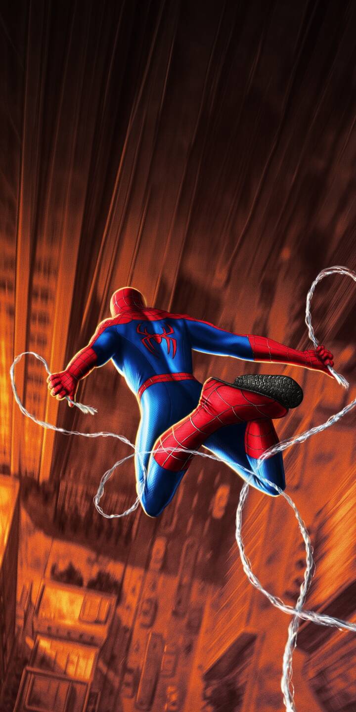 Spider-Man's iconic red and blue suit shines as he swings dynamically through a blurred, orange-toned city in this thrilling 4K wallpaper. This action-packed wallpaper, featuring trailing web lines, is a must-have for any iPhone screen. | superhero marvel spiderman iphone wallpaper comic action mobile 4k wallpaper hd wallpaper spider-man classic suit Spider-Man's iconic red and blue suit shines as he swings dynamically through a blurred, orange-toned city in this thrilling 4K wallpaper. This action-packed wallpaper, featuring trailing web lines, is a must-have for any iPhone screen.