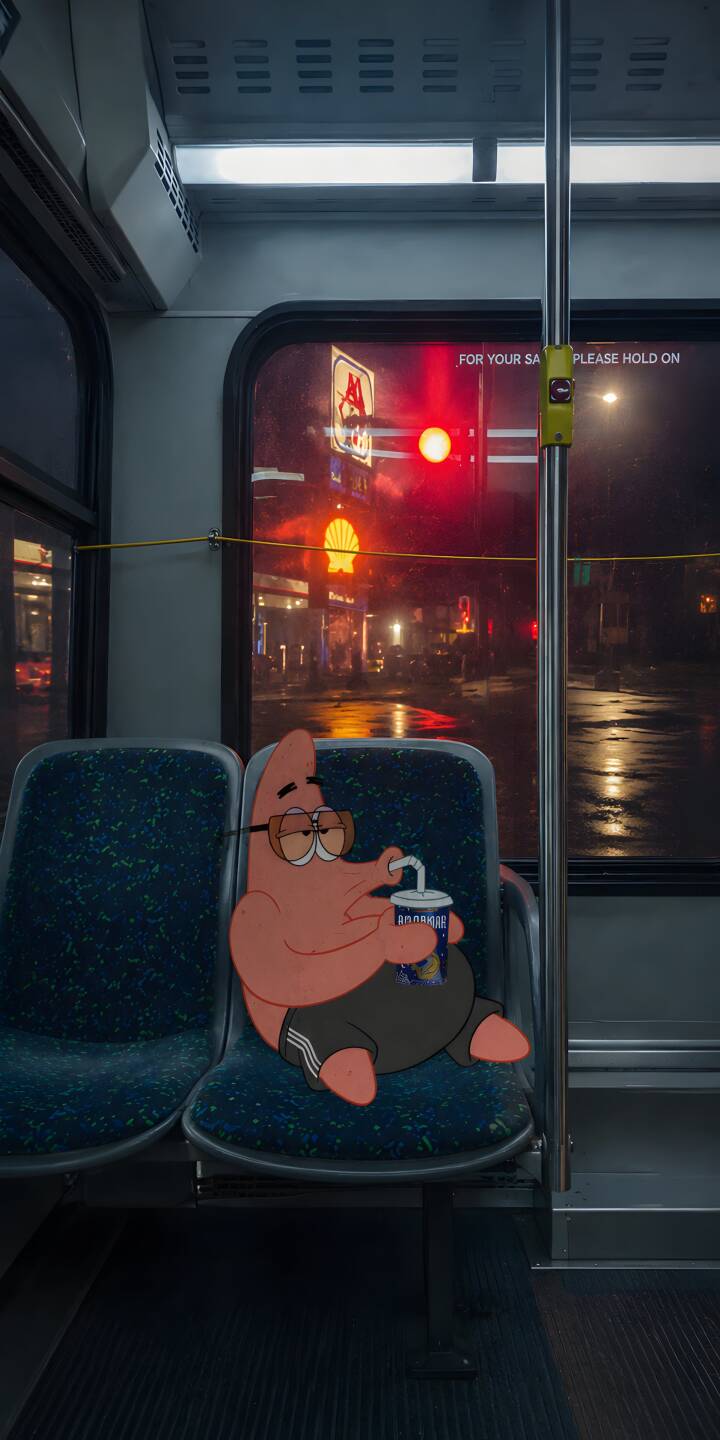 Contemplative Patrick Star sits on a dimly lit bus, wearing glasses and drinking from a cup, gazing out at a rainy night city street with a red traffic light in this unique 4K wallpaper. This charming wallpaper is perfect for any iPhone. | aesthetic spongebob iphone wallpaper lofi patrick star mobile spongebob squarepants 4k wallpaper hd wallpaper night city bus ride Contemplative Patrick Star sits on a dimly lit bus, wearing glasses and drinking from a cup, gazing out at a rainy night city street with a red traffic light in this unique 4K wallpaper. This charming wallpaper is perfect for any iPhone.
