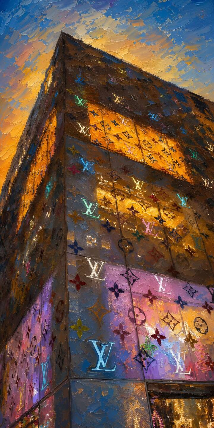 Thick, painterly brushstrokes create a luxurious texture on this Louis Vuitton building wallpaper, showcasing vibrant, glowing monograms against a dramatic sunset sky. This stunning 4K wallpaper is perfect for personalizing your iPhone. | aesthetic building colorful iphone luxury lv wallpaper louis vuitton mobile 4k wallpaper hd wallpaper impasto Thick, painterly brushstrokes create a luxurious texture on this Louis Vuitton building wallpaper, showcasing vibrant, glowing monograms against a dramatic sunset sky. This stunning 4K wallpaper is perfect for personalizing your iPhone.