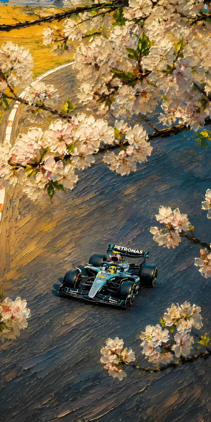 Delicate cherry blossoms cascade over a Mercedes-AMG Petronas F1 car, elegantly depicted in a textured painted style, as it navigates a tight race track turn in this stunning 4K wallpaper. This dynamic wallpaper is a perfect fit for any iPhone, capturing the thrill of the race amidst spring beauty. | race track spring iphone wallpaper f1 formula 1 sakura mobile 4k wallpaper hd wallpaper mercedes amg painted art Delicate cherry blossoms cascade over a Mercedes-AMG Petronas F1 car, elegantly depicted in a textured painted style, as it navigates a tight race track turn in this stunning 4K wallpaper. This dynamic wallpaper is a perfect fit for any iPhone, capturing the thrill of the race amidst spring beauty.
