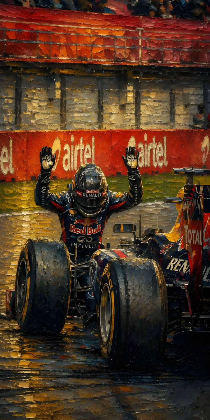 A triumphant Red Bull F1 driver, portrayed with a striking painted texture, raises his arms in celebration on a glistening wet track in this vivid 4K wallpaper. This dynamic wallpaper captures the thrill of victory and is a spectacular choice for any iPhone display. | celebration iphone motorsport wallpaper f1 formula 1 mobile 4k wallpaper hd wallpaper red bull racing painted art A triumphant Red Bull F1 driver, portrayed with a striking painted texture, raises his arms in celebration on a glistening wet track in this vivid 4K wallpaper. This dynamic wallpaper captures the thrill of victory and is a spectacular choice for any iPhone display.