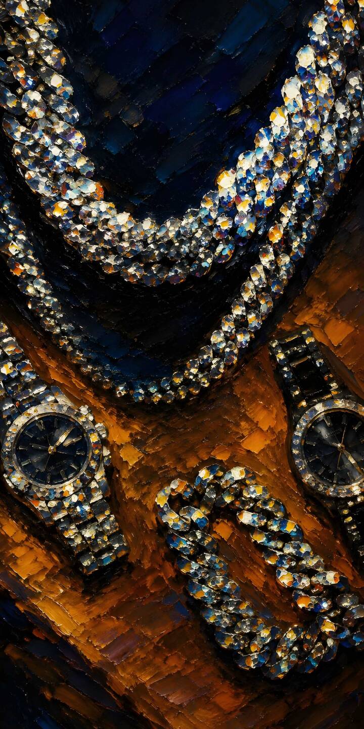 Glittering diamonds reflect a symphony of colors across intricate luxury watches and a bold necklace in this stunning 4K wallpaper. The rich, textured impasto art style makes this a unique wallpaper for iPhone users seeking opulence. | iphone wallpaper diamonds sparkling mobile 4k wallpaper hd wallpaper jewelry textured art impasto opulent luxury watches Glittering diamonds reflect a symphony of colors across intricate luxury watches and a bold necklace in this stunning 4K wallpaper. The rich, textured impasto art style makes this a unique wallpaper for iPhone users seeking opulence.