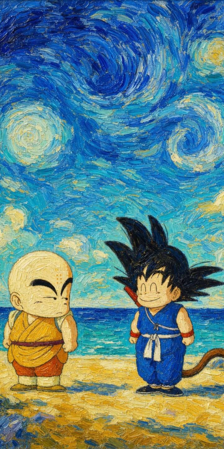 Van Gogh's iconic swirling blues define the ethereal sky above young Goku and Krillin, who stand cheerfully on a textured sandy beach in this captivating 4K wallpaper. This unique blend of classic anime and masterful art makes for an unforgettable iPhone wallpaper, showcasing their enduring friendship. | anime beach iphone goku wallpaper krillin mobile 4k wallpaper hd wallpaper starry sky dragon ball van gogh style Van Gogh's iconic swirling blues define the ethereal sky above young Goku and Krillin, who stand cheerfully on a textured sandy beach in this captivating 4K wallpaper. This unique blend of classic anime and masterful art makes for an unforgettable iPhone wallpaper, showcasing their enduring friendship.