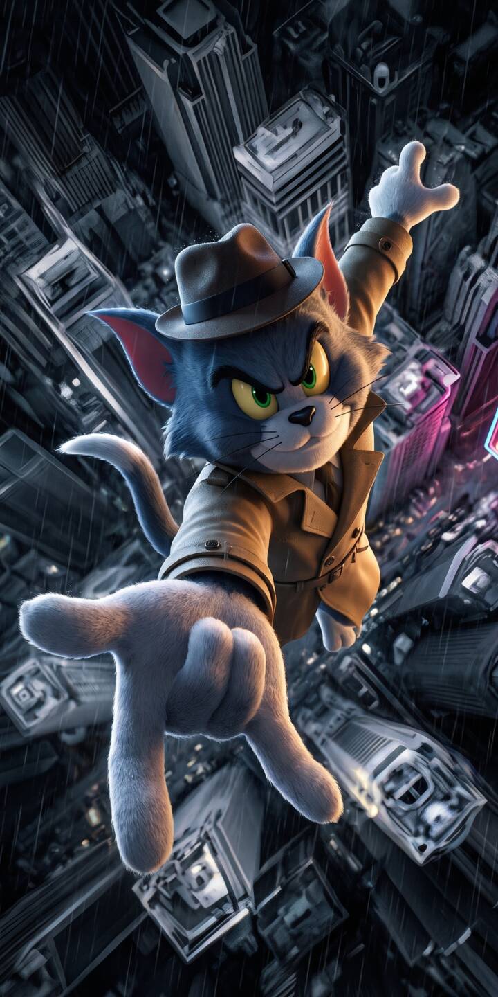 Grumpy Tom's intense green eyes peer from under his fedora as he plunges through a rain-slicked noir cityscape in this captivating 4K wallpaper, making it a must-have wallpaper for iPhone users. | rain iphone tom and jerry wallpaper mobile noir 4k wallpaper hd wallpaper tom cat cityscape detective Grumpy Tom's intense green eyes peer from under his fedora as he plunges through a rain-slicked noir cityscape in this captivating 4K wallpaper, making it a must-have wallpaper for iPhone users.