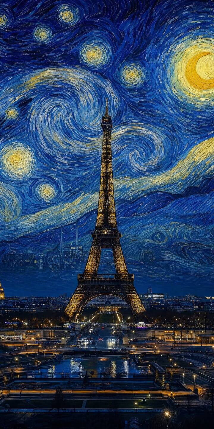 The iconic Eiffel Tower stands illuminated against a breathtaking 4K swirling sky, rendered in the distinctive style of Van Gogh's Starry Night — a truly unique wallpaper for any iPhone. This masterpiece blends urban reality with artistic dreamscape, making it an essential wallpaper for art lovers. | aesthetic iphone paris van gogh wallpaper starry night mobile 4k wallpaper hd wallpaper impressionism cityscape eiffel tower The iconic Eiffel Tower stands illuminated against a breathtaking 4K swirling sky, rendered in the distinctive style of Van Gogh's Starry Night — a truly unique wallpaper for any iPhone. This masterpiece blends urban reality with artistic dreamscape, making it an essential wallpaper for art lovers.