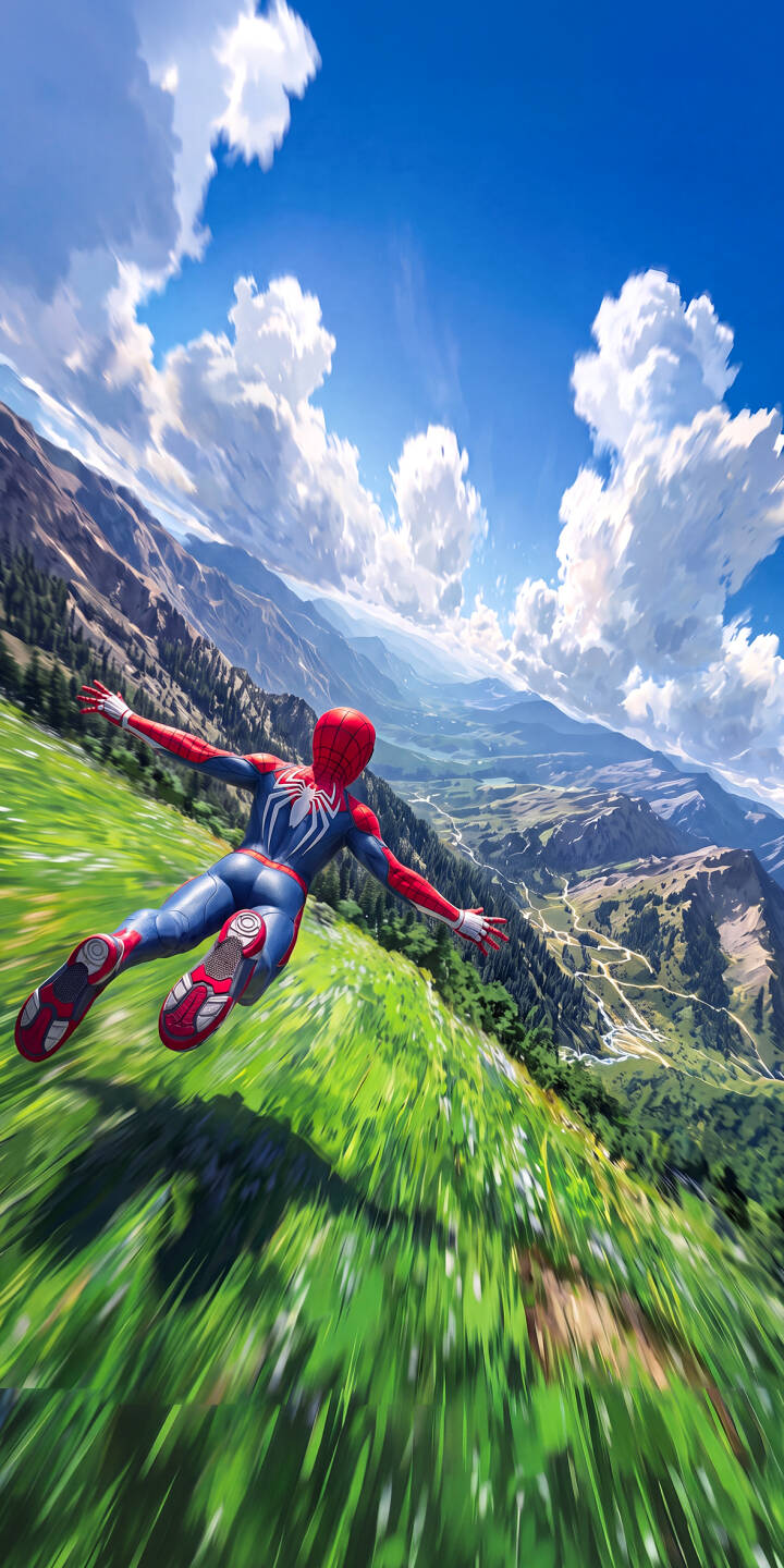 Spider-Man plummets gracefully down a vibrant green mountain slope under an expansive blue sky, showing his iconic red and blue suit against a blurred grassy foreground in this breathtaking 4K wallpaper ",a must-have wallpaper for iPhone fans. | marvel iphone nature mountains dynamic wallpaper miles morales mobile 4k wallpaper hd wallpaper web-slinger spider-man Spider-Man plummets gracefully down a vibrant green mountain slope under an expansive blue sky, showing his iconic red and blue suit against a blurred grassy foreground in this breathtaking 4K wallpaper ",a must-have wallpaper for iPhone fans.