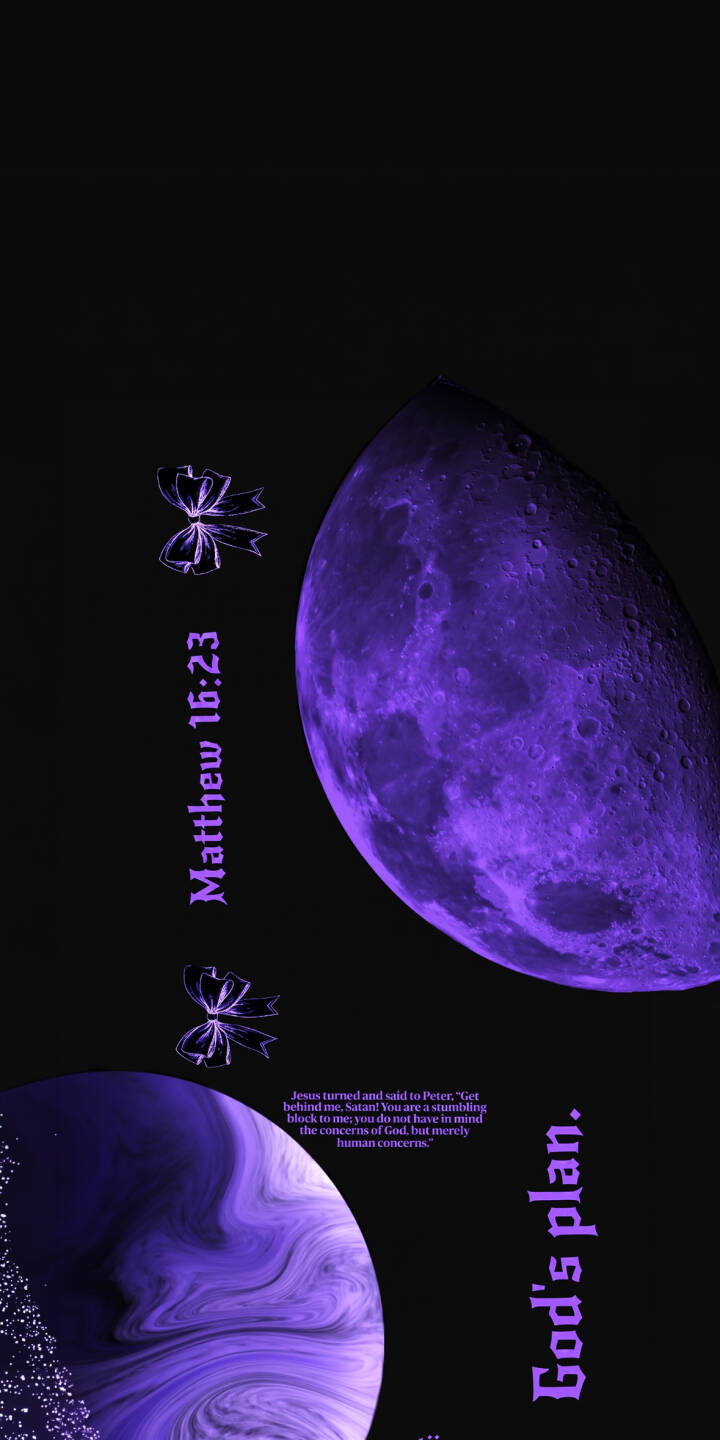 A radiant purple crescent moon casts a glow over the powerful 'God's plan.' scripture in this profound 4K wallpaper, featuring a swirling abstract planet and delicate white bows — an inspiring wallpaper for iPhone. | aesthetic purple moon iphone wallpaper spiritual mobile bible verse 4k wallpaper hd wallpaper cosmic gods plan A radiant purple crescent moon casts a glow over the powerful 'God's plan.' scripture in this profound 4K wallpaper, featuring a swirling abstract planet and delicate white bows — an inspiring wallpaper for iPhone.