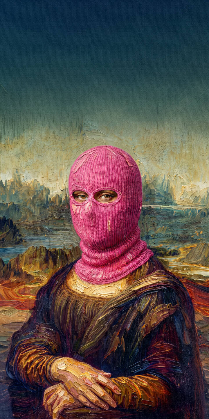 A vibrant pink balaclava boldly covers Mona Lisa's iconic face, creating a rebellious contrast against her classic pose in this striking 4K wallpaper for iPhone. This unique art wallpaper perfectly blends classical portraiture with modern street style. | aesthetic street art iphone mona lisa wallpaper mobile 4k wallpaper hd wallpaper classic art modern art balaclava pink balaclava A vibrant pink balaclava boldly covers Mona Lisa's iconic face, creating a rebellious contrast against her classic pose in this striking 4K wallpaper for iPhone. This unique art wallpaper perfectly blends classical portraiture with modern street style.