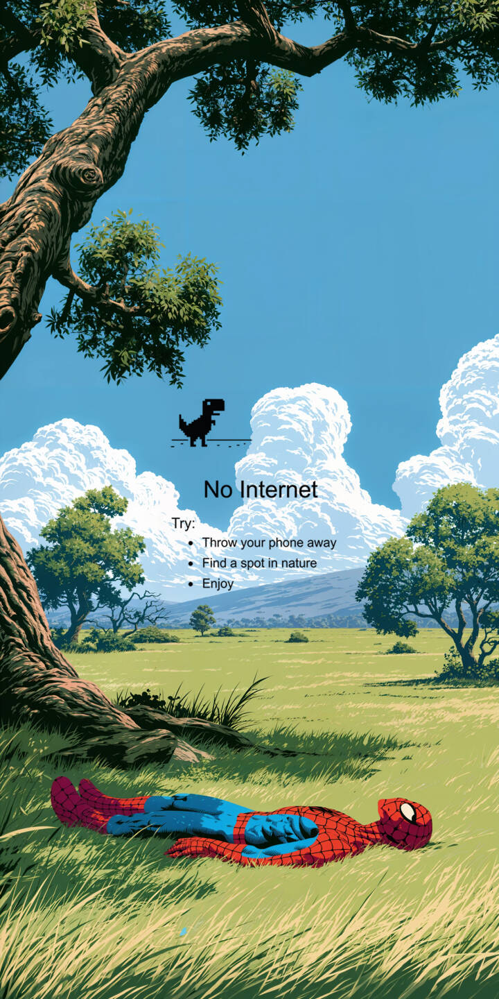The iconic Chrome Dino Game, along with the "No Internet" message, floats above a relaxed Spider-Man sprawling in a vibrant green field, capturing a digital detox moment in this unique 4K wallpaper for iPhone. This stunning wallpaper features a peaceful natural landscape with a clear blue sky and fluffy clouds, inviting you to unplug. | spiderman iphone nature wallpaper relaxing mobile no internet 4k wallpaper hd wallpaper spider-man chrome dino dinosaur game The iconic Chrome Dino Game, along with the "No Internet" message, floats above a relaxed Spider-Man sprawling in a vibrant green field, capturing a digital detox moment in this unique 4K wallpaper for iPhone. This stunning wallpaper features a peaceful natural landscape with a clear blue sky and fluffy clouds, inviting you to unplug.