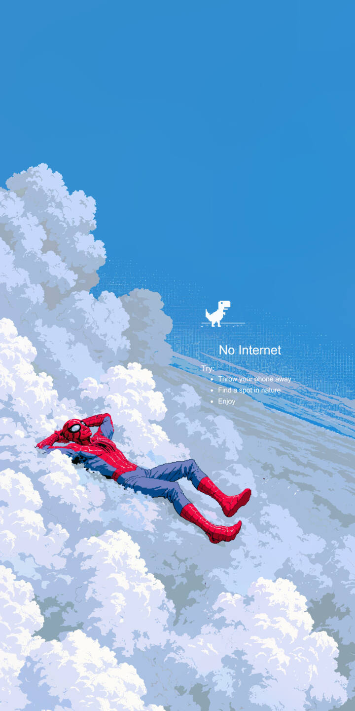 Chilling on pixelated clouds, Spider-Man lounges beneath the ironic 'No Internet' message and a tiny T-Rex in this whimsical 4K wallpaper. This delightful wallpaper is perfect for any iPhone displaying a superhero taking a digital detox. | superhero marvel spiderman iphone clouds wallpaper mobile pixel art no internet 4k wallpaper hd wallpaper t-rex Chilling on pixelated clouds, Spider-Man lounges beneath the ironic 'No Internet' message and a tiny T-Rex in this whimsical 4K wallpaper. This delightful wallpaper is perfect for any iPhone displaying a superhero taking a digital detox.