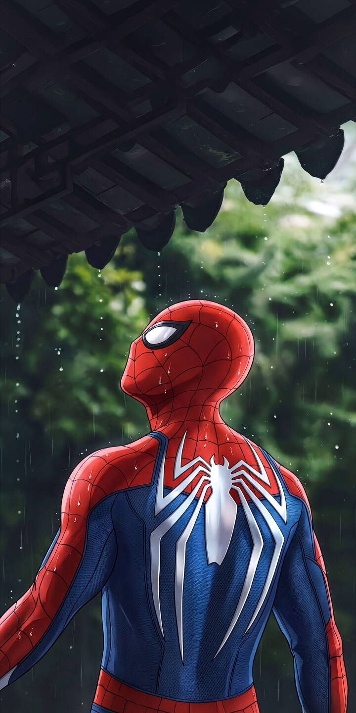 Gentle raindrops glisten on Spider-Man's iconic red and blue suit as he looks up, framed by a dark roof and a soft green backdrop in this striking 4K wallpaper. This captivating visual moment offers a serene superhero wallpaper perfect for your iPhone. | aesthetic superhero rain marvel spiderman iphone wallpaper mobile comic art 4k wallpaper hd wallpaper spider-man Gentle raindrops glisten on Spider-Man's iconic red and blue suit as he looks up, framed by a dark roof and a soft green backdrop in this striking 4K wallpaper. This captivating visual moment offers a serene superhero wallpaper perfect for your iPhone.