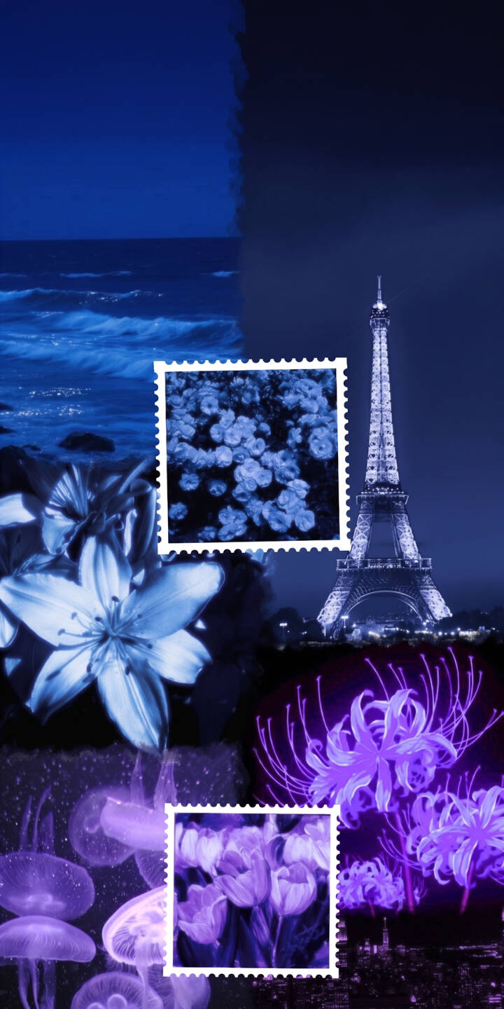 A captivating split of deep blue ocean waves and the illuminated Eiffel Tower at night sets a serene tone in this vibrant 4K wallpaper, featuring glowing jellyfish and floral stamps — a truly unique wallpaper for iPhone. | aesthetic collage iphone ocean wallpaper mobile 4k wallpaper hd wallpaper jellyfish purple wallpaper eiffel tower blue wallpaper A captivating split of deep blue ocean waves and the illuminated Eiffel Tower at night sets a serene tone in this vibrant 4K wallpaper, featuring glowing jellyfish and floral stamps — a truly unique wallpaper for iPhone.