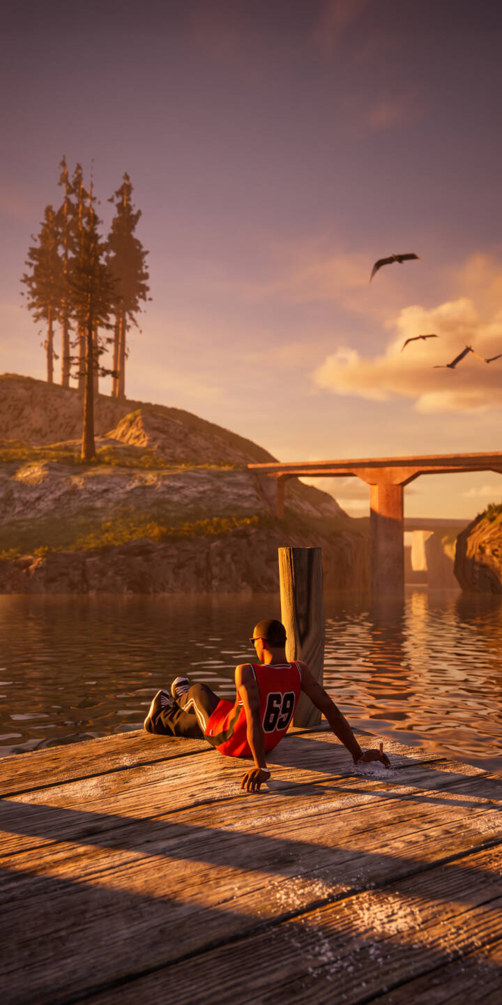 Golden sunlight bathes a reflective scene as a figure in a red basketball jersey sits peacefully on a wooden dock, gazing across the tranquil waters towards a distant bridge, making for a serene 4K wallpaper perfect for your iPhone. This evocative wallpaper captures the quiet beauty of an evening spent by the lake. | basketball sunset dock iphone wallpaper relaxing mobile golden hour 4k wallpaper hd wallpaper scenic lakeside Golden sunlight bathes a reflective scene as a figure in a red basketball jersey sits peacefully on a wooden dock, gazing across the tranquil waters towards a distant bridge, making for a serene 4K wallpaper perfect for your iPhone. This evocative wallpaper captures the quiet beauty of an evening spent by the lake.
