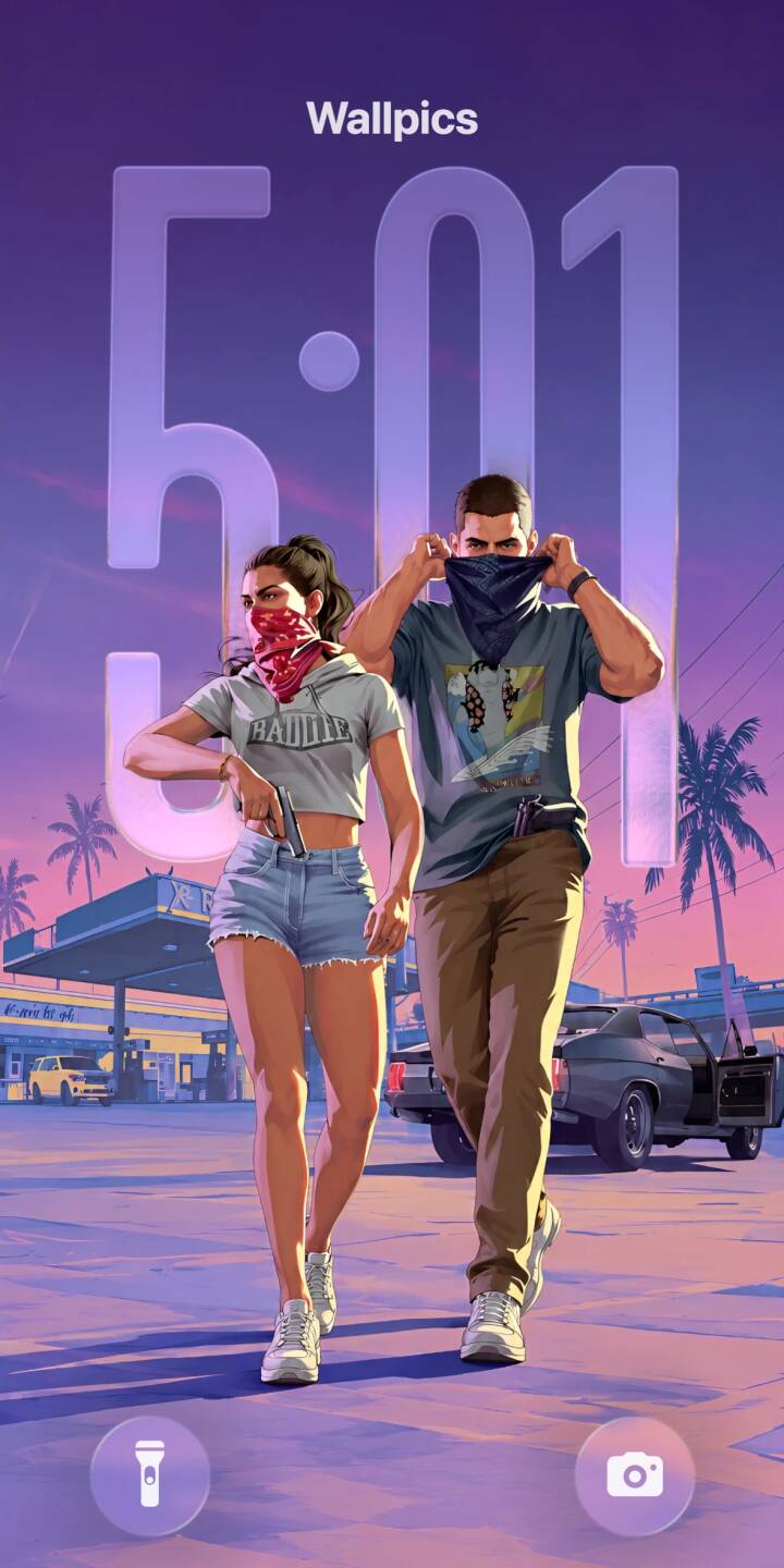GTA 6 Jason and Lucia duo, both armed and masked with bandanas, stride confidently against a vibrant purple and pink sunset in this dynamic 4K wallpaper. This captivating street-style wallpaper is perfect for personalizing your iPhone. | illustration sunset urban gta jason iphone wallpaper bandana mobile gta 6 lucia 4k wallpaper hd wallpaper masked couple baddie GTA 6 Jason and Lucia duo, both armed and masked with bandanas, stride confidently against a vibrant purple and pink sunset in this dynamic 4K wallpaper. This captivating street-style wallpaper is perfect for personalizing your iPhone.