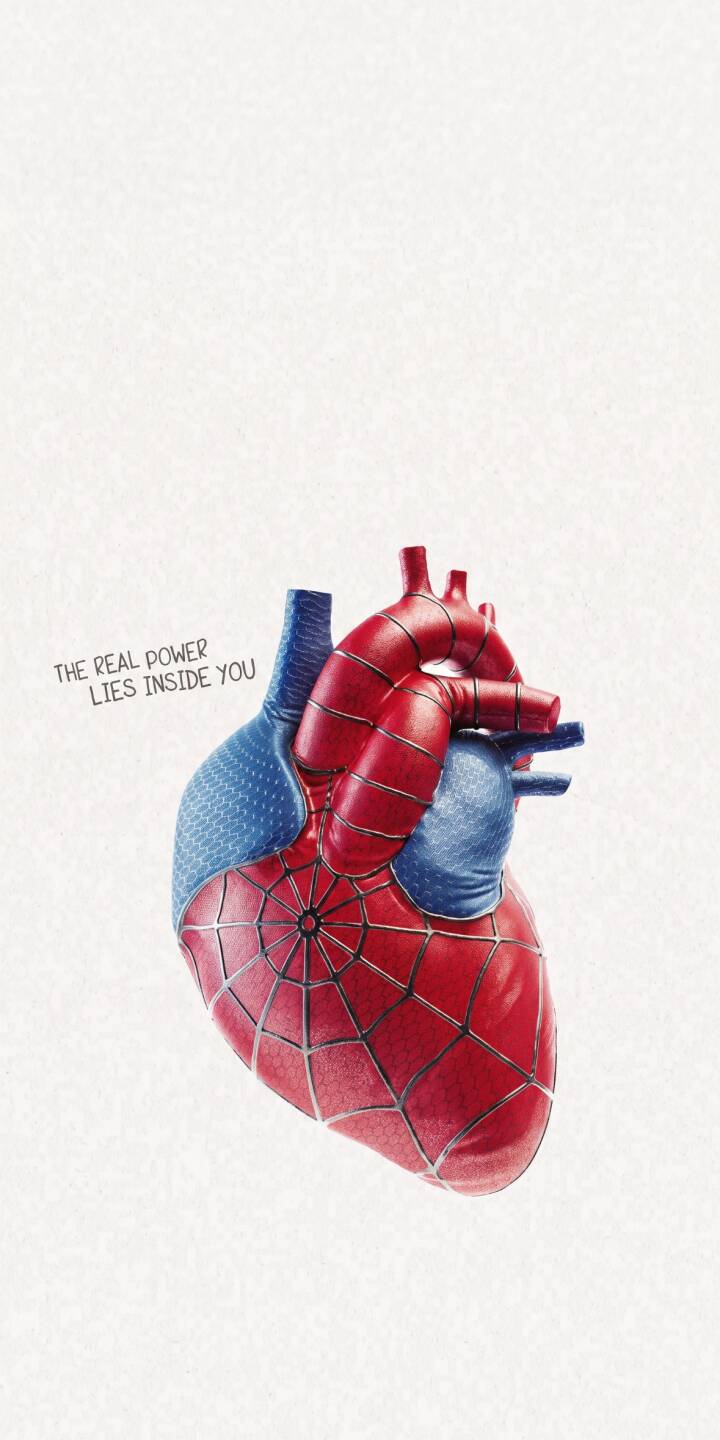 A striking anatomical heart, adorned with Spider-Man's iconic red and blue suit patterns, beats against a clean background in this unique 4K wallpaper, proclaiming "THE REAL POWER LIES INSIDE YOU." This inspiring superhero wallpaper is a perfect fit for any iPhone, reminding you where true strength resides. | quote marvel spiderman iphone wallpaper mobile 4k wallpaper hd wallpaper inspiration spider-man superhero suit anatomical heart A striking anatomical heart, adorned with Spider-Man's iconic red and blue suit patterns, beats against a clean background in this unique 4K wallpaper, proclaiming "THE REAL POWER LIES INSIDE YOU." This inspiring superhero wallpaper is a perfect fit for any iPhone, reminding you where true strength resides.