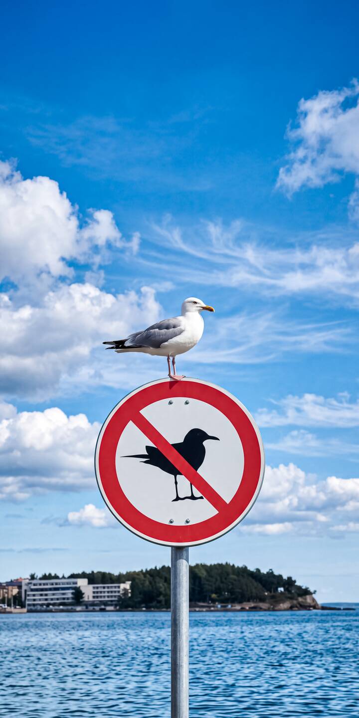 A defiant white seagull perches humorously atop a red "No Birds" sign, creating a witty visual against a backdrop of sparkling blue water and a bright 4K sky, making for a unique wallpaper. This captivating scene is a perfect wallpaper for your iPhone. | bird iphone nature wallpaper blue sky mobile 4k wallpaper hd wallpaper coastal ironic seagull no bird sign A defiant white seagull perches humorously atop a red "No Birds" sign, creating a witty visual against a backdrop of sparkling blue water and a bright 4K sky, making for a unique wallpaper. This captivating scene is a perfect wallpaper for your iPhone.