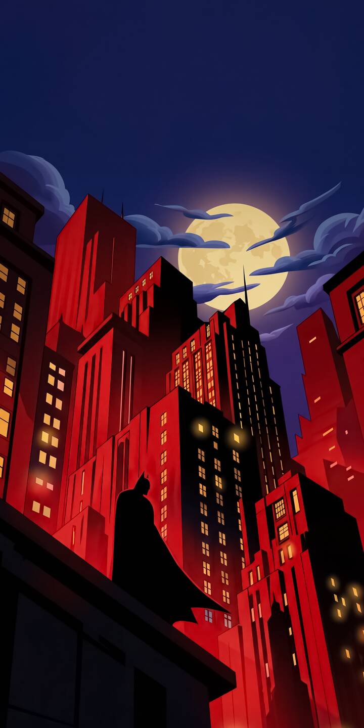A dark silhouette of Batman vigilantly surveys a striking red-hued Gotham cityscape under a luminous full moon. This epic 4K wallpaper makes a powerful wallpaper for iPhone users. | aesthetic superhero batman gotham iphone wallpaper dark knight mobile 4k wallpaper hd wallpaper red city night city A dark silhouette of Batman vigilantly surveys a striking red-hued Gotham cityscape under a luminous full moon. This epic 4K wallpaper makes a powerful wallpaper for iPhone users.