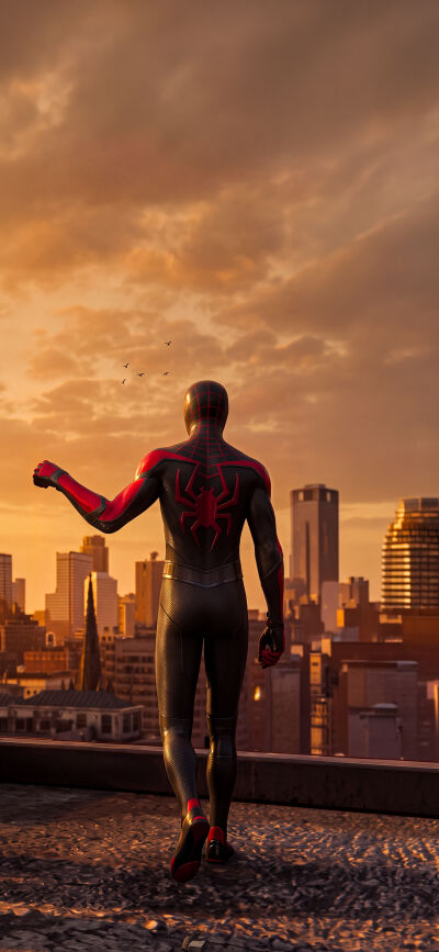 The intense golden hour light bathes the city as Peter Parker's Spider-Man, in his iconic Advanced Suit, stands heroically on a rooftop, creating a breathtaking 4K wallpaper perfect for an iPhone, especially when paired with a matching wallpaper. This vibrant cityscape background makes a stunning shared mobile wallpaper.