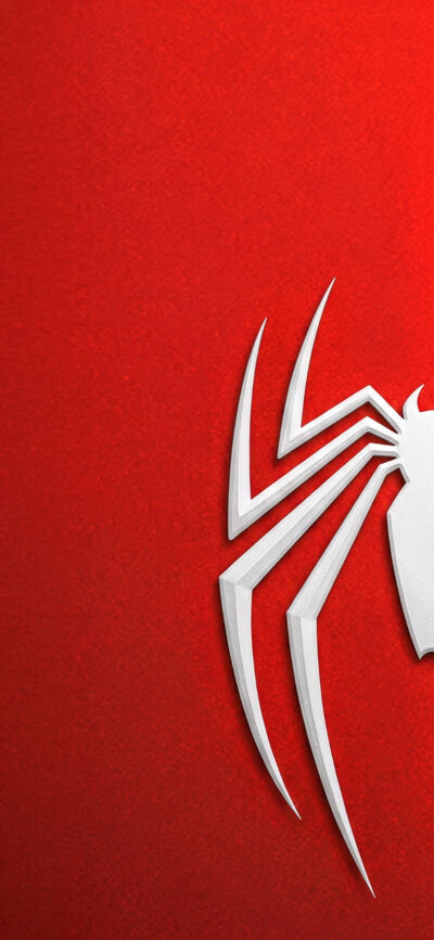 A vibrant textured red background highlights the iconic white Spider-Man logo's left half in this stunning 4K iPhone wallpaper, forming one part of a unique matching wallpaper for two devices. This minimalist design creates an eye-catching phone background.