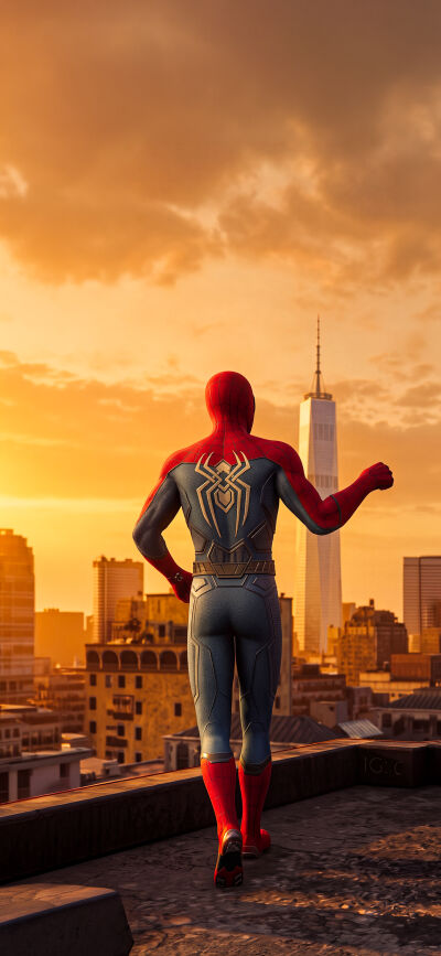 The intense golden hour light bathes the city as Peter Parker's Spider-Man, in his iconic Advanced Suit, stands heroically on a rooftop, creating a breathtaking 4K wallpaper perfect for an iPhone, especially when paired with a matching wallpaper. This vibrant cityscape background makes a stunning shared mobile wallpaper.