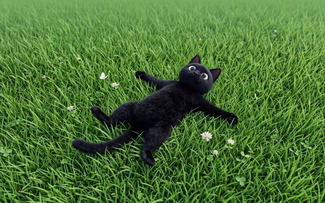 The adorable black cat, with its wide, surprised eyes, lies blissfully on its back amidst vibrant green grass dotted with tiny white flowers, creating a truly charming 4K wallpaper. This delightful scene is perfect as a relaxed MacOS or MacBook wallpaper, bringing a peaceful and cute vibe to your desktop. | cartoon grass cat nature wallpaper macos black cat cute cat 4k wallpaper hd wallpaper macbook imac The adorable black cat, with its wide, surprised eyes, lies blissfully on its back amidst vibrant green grass dotted with tiny white flowers, creating a truly charming 4K wallpaper. This delightful scene is perfect as a relaxed MacOS or MacBook wallpaper, bringing a peaceful and cute vibe to your desktop.