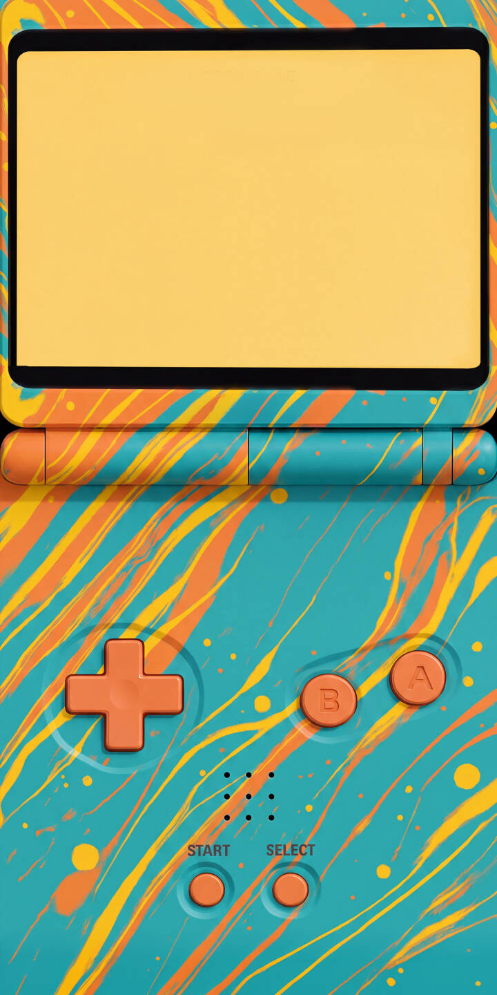 Vibrant orange and yellow paint streaks erupt across a teal handheld gaming console, showcasing its bright yellow screen and classic control buttons in this energetic 4K wallpaper, a perfect wallpaper for iPhone customization. | teal colorful iphone abstract wallpaper mobile game console 4k wallpaper hd wallpaper retro aesthetic handheld gaming splatter paint Vibrant orange and yellow paint streaks erupt across a teal handheld gaming console, showcasing its bright yellow screen and classic control buttons in this energetic 4K wallpaper, a perfect wallpaper for iPhone customization.