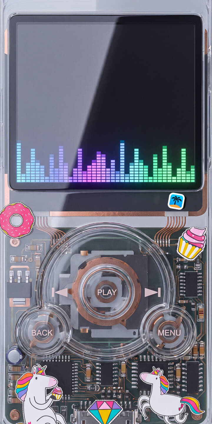 Vibrant equalizer bars glow in a spectrum of colors across the screen of this transparent MP3 player, revealing intricate internal circuitry alongside playful stickers of unicorns and donuts in this striking 4K wallpaper. This unique retro tech wallpaper is perfect for personalizing your iPhone. | cute colorful iphone wallpaper unicorn mobile transparent 4k wallpaper hd wallpaper retro tech mp3 player equalizer Vibrant equalizer bars glow in a spectrum of colors across the screen of this transparent MP3 player, revealing intricate internal circuitry alongside playful stickers of unicorns and donuts in this striking 4K wallpaper. This unique retro tech wallpaper is perfect for personalizing your iPhone.