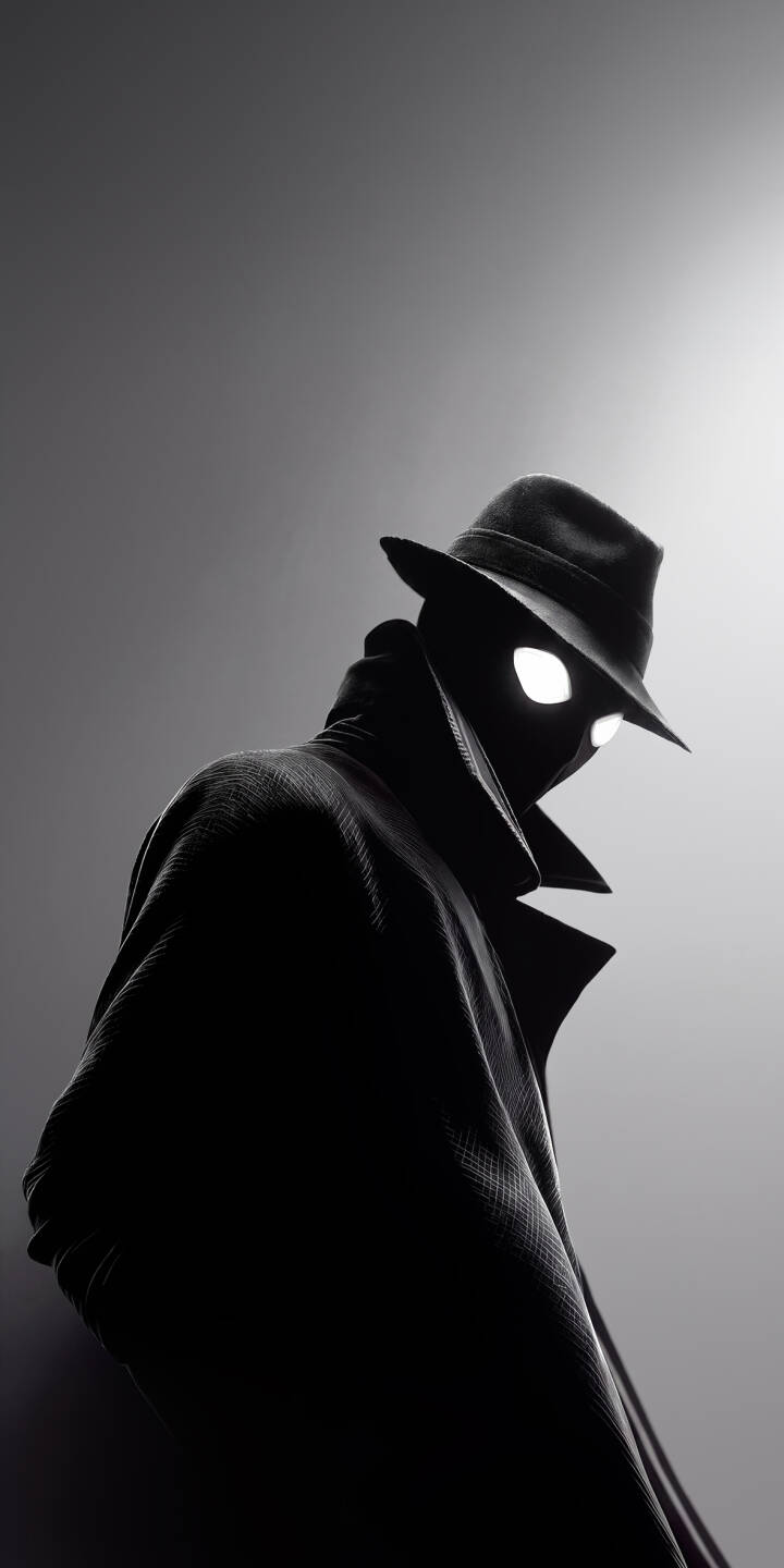 Glowing white eyes pierce from the shadow-cloaked figure in this striking 4K wallpaper, featuring a mysterious man in a fedora hat and trench coat — an ideal dark wallpaper for your iPhone. | dark iphone wallpaper spy mobile noir 4k wallpaper hd wallpaper glowing eyes fedora mysterious shadow man Glowing white eyes pierce from the shadow-cloaked figure in this striking 4K wallpaper, featuring a mysterious man in a fedora hat and trench coat — an ideal dark wallpaper for your iPhone.