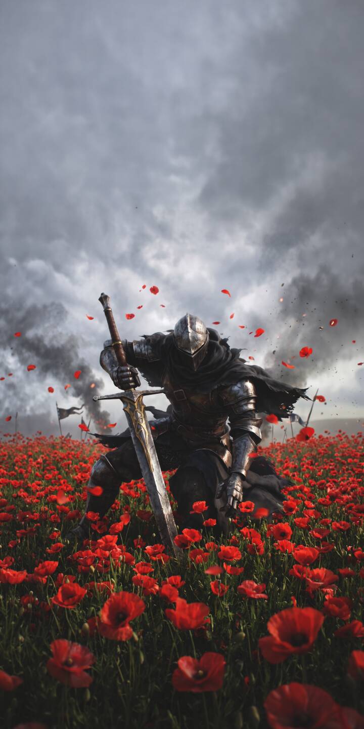 A formidable dark knight, clad in heavy armor and wielding a massive greatsword, kneels amidst a vibrant field of blood-red poppies under a dramatic stormy sky. This stunning 4K wallpaper is perfect as an iPhone wallpaper for fans of dark fantasy and epic visuals. | sword knight medieval iphone fantasy wallpaper dark knight mobile 4k wallpaper hd wallpaper epic poppy field A formidable dark knight, clad in heavy armor and wielding a massive greatsword, kneels amidst a vibrant field of blood-red poppies under a dramatic stormy sky. This stunning 4K wallpaper is perfect as an iPhone wallpaper for fans of dark fantasy and epic visuals.