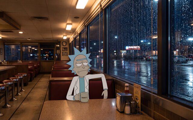 Rain streaks heavily down the windows, framing a contemplative Rick Sanchez holding his 'Shoney's' mug at a classic diner booth. This moody 4K wallpaper offers an aesthetic backdrop for your MacOS or MacBook setup. | aesthetic rainy wallpaper rick and morty macos rick sanchez moody 4k wallpaper hd wallpaper macbook imac diner Rain streaks heavily down the windows, framing a contemplative Rick Sanchez holding his 'Shoney's' mug at a classic diner booth. This moody 4K wallpaper offers an aesthetic backdrop for your MacOS or MacBook setup.