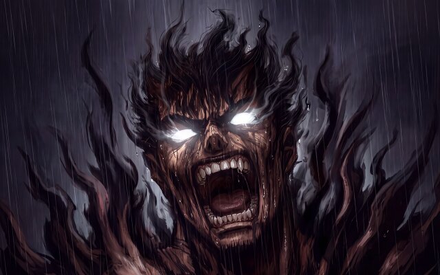 Glowing white eyes blaze from the furious face of Guts in this striking 4K wallpaper. This intense Berserker Armor wallpaper, featuring Guts amidst pouring rain and dark tendrils, is perfect for your MacOS or MacBook desktop. | anime wallpaper macos guts berserk rage 4k wallpaper hd wallpaper berserker armor dark fantasy macbook imac Glowing white eyes blaze from the furious face of Guts in this striking 4K wallpaper. This intense Berserker Armor wallpaper, featuring Guts amidst pouring rain and dark tendrils, is perfect for your MacOS or MacBook desktop.