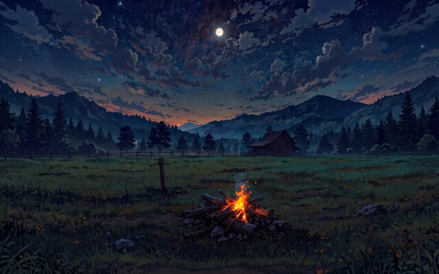 A vibrant campfire glows in a serene field under a luminous full moon in this captivating 4K MacOS wallpaper. This beautiful digital art features rolling mountains, a distant cabin, and a starlit, cloud-filled sky, making it a perfect aesthetic wallpaper for your MacBook. | landscape night moon anime campfire cozy wallpaper macos 4k wallpaper hd wallpaper macbook imac A vibrant campfire glows in a serene field under a luminous full moon in this captivating 4K MacOS wallpaper. This beautiful digital art features rolling mountains, a distant cabin, and a starlit, cloud-filled sky, making it a perfect aesthetic wallpaper for your MacBook.