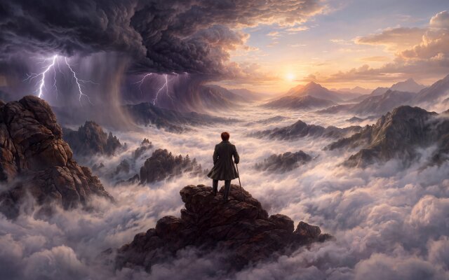 Dramatic lightning illuminates one side of this breathtaking mountain vista, while a serene sunset bathes the other half in warm light. This compelling 4K wallpaper captures a lone figure observing the vast, mist-filled valleys, perfect for your MacBook or MacOS desktop. | landscape sunset lightning storm clouds mountains wallpaper macos 4k wallpaper hd wallpaper macbook imac Dramatic lightning illuminates one side of this breathtaking mountain vista, while a serene sunset bathes the other half in warm light. This compelling 4K wallpaper captures a lone figure observing the vast, mist-filled valleys, perfect for your MacBook or MacOS desktop.
