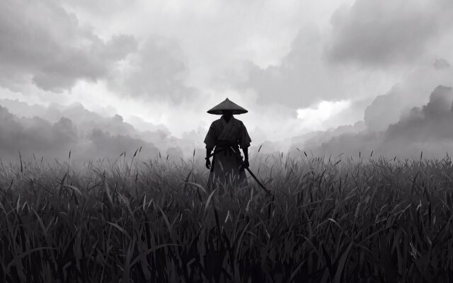 A solitary samurai figure, adorned with a traditional straw hat and a sheathed sword, stands reflectively in a vast, windswept field under an atmospheric cloudy sky, making for a striking 4K wallpaper; this monochromatic artwork is perfect as a captivating MacBook or MacOS wallpaper. | field samurai wallpaper macos grayscale moody 4k wallpaper hd wallpaper ronin macbook imac A solitary samurai figure, adorned with a traditional straw hat and a sheathed sword, stands reflectively in a vast, windswept field under an atmospheric cloudy sky, making for a striking 4K wallpaper; this monochromatic artwork is perfect as a captivating MacBook or MacOS wallpaper.