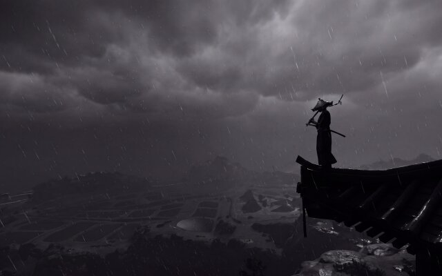 Heavy rain streaks across a dramatically dark sky, highlighting a solitary samurai clad in traditional attire, standing stoically on a sloped rooftop in this cinematic 4K wallpaper. This atmospheric wallpaper, perfect for MacBook and MacOS, portrays the serene yet intense essence of the warrior against a sweeping, mist-shrouded terrain. | samurai warrior dark rain wallpaper macos moody 4k wallpaper hd wallpaper macbook imac ghost of tsushima Heavy rain streaks across a dramatically dark sky, highlighting a solitary samurai clad in traditional attire, standing stoically on a sloped rooftop in this cinematic 4K wallpaper. This atmospheric wallpaper, perfect for MacBook and MacOS, portrays the serene yet intense essence of the warrior against a sweeping, mist-shrouded terrain.