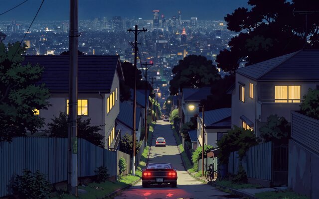 Gaze down a tranquil, tree-lined street at twilight, where warmly lit houses line the descent towards a sprawling 4K city vista, creating an immersive MacOS wallpaper. This aesthetic street scene, complete with a classic red car, is an ideal wallpaper for your MacBook. | aesthetic anime wallpaper lofi city night macos 4k wallpaper hd wallpaper night scene macbook imac japanese street Gaze down a tranquil, tree-lined street at twilight, where warmly lit houses line the descent towards a sprawling 4K city vista, creating an immersive MacOS wallpaper. This aesthetic street scene, complete with a classic red car, is an ideal wallpaper for your MacBook.