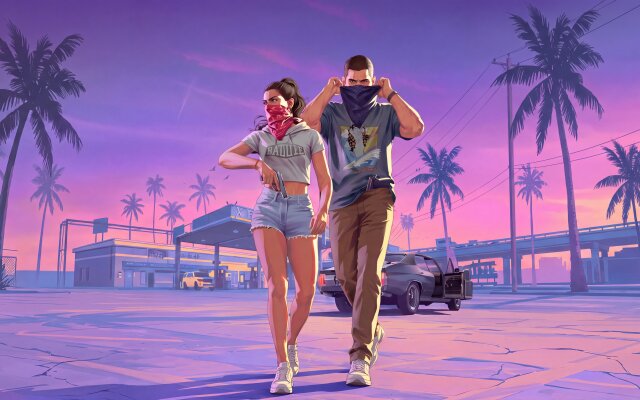 Against a vibrant gradient sky of purples and pinks, this captivating 4K Grand Theft Auto wallpaper features a mysterious duo, faces partially obscured by bandanas, standing near a classic car and a gas station under swaying palm trees; an ideal MacOS or MacBook wallpaper for fans of the iconic game series. | gta vice city gaming wallpaper macos palm trees 4k wallpaper hd wallpaper sunset aesthetic macbook imac Against a vibrant gradient sky of purples and pinks, this captivating 4K Grand Theft Auto wallpaper features a mysterious duo, faces partially obscured by bandanas, standing near a classic car and a gas station under swaying palm trees; an ideal MacOS or MacBook wallpaper for fans of the iconic game series.