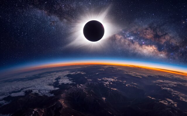 The breathtaking corona of a total solar eclipse radiates in this stunning 4K wallpaper, captured majestically from above Earth. This vibrant MacOS wallpaper showcases the planet's atmospheric glow against the Milky Way's starry expanse and dark mountain ranges, offering an epic view for your MacBook. | space earth wallpaper milky way macos 4k wallpaper hd wallpaper astronomy epic solar eclipse macbook imac The breathtaking corona of a total solar eclipse radiates in this stunning 4K wallpaper, captured majestically from above Earth. This vibrant MacOS wallpaper showcases the planet's atmospheric glow against the Milky Way's starry expanse and dark mountain ranges, offering an epic view for your MacBook.