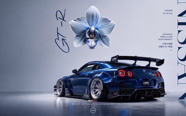 The striking metallic blue Nissan GT-R R35 widebody, featuring a prominent rear spoiler and aggressive diffuser, floats against a soft grey background alongside an elegant light blue orchid. This stunning 4K wallpaper is perfect for any MacOS or MacBook user, offering a blend of automotive power and artistic serenity. | sports car wallpaper macos blue car 4k wallpaper hd wallpaper jdm macbook imac lbwk nissan gt-r gt-r r35 The striking metallic blue Nissan GT-R R35 widebody, featuring a prominent rear spoiler and aggressive diffuser, floats against a soft grey background alongside an elegant light blue orchid. This stunning 4K wallpaper is perfect for any MacOS or MacBook user, offering a blend of automotive power and artistic serenity.