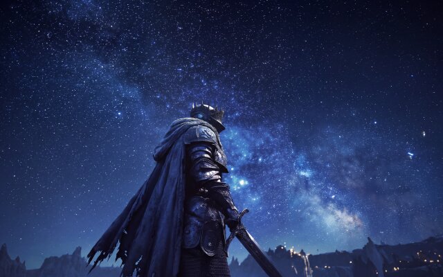 The vibrant milky way arcs across a deep blue night sky, illuminating a solitary armored knight gazing upwards with their sword, making a truly epic 4K wallpaper for your MacOS device. This stunning wallpaper perfectly captures the intricate details of the knight's regal, dark armor and flowing tattered cape against the majestic cosmic backdrop, ideal for a MacBook display. | knight stars wallpaper milky way macos 4k wallpaper hd wallpaper epic elden ring dark fantasy macbook imac The vibrant milky way arcs across a deep blue night sky, illuminating a solitary armored knight gazing upwards with their sword, making a truly epic 4K wallpaper for your MacOS device. This stunning wallpaper perfectly captures the intricate details of the knight's regal, dark armor and flowing tattered cape against the majestic cosmic backdrop, ideal for a MacBook display.