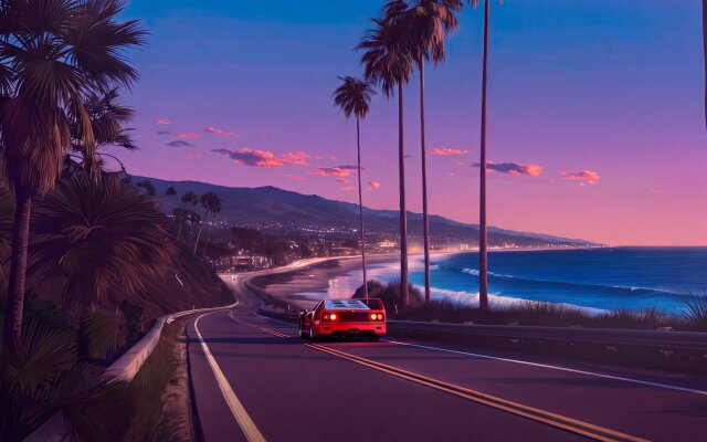 The vibrant purple and pink hues of a captivating sunset illuminate a classic red sports car, reminiscent of a Ferrari F40, cruising along a scenic coastal highway. This stunning 4K wallpaper, featuring silhouetted palm trees and distant city lights overlooking the deep blue ocean, offers an aesthetic backdrop for any MacOS or MacBook device. | aesthetic sports car ferrari wallpaper macos retrowave palm trees 4k wallpaper hd wallpaper macbook imac sunset coast The vibrant purple and pink hues of a captivating sunset illuminate a classic red sports car, reminiscent of a Ferrari F40, cruising along a scenic coastal highway. This stunning 4K wallpaper, featuring silhouetted palm trees and distant city lights overlooking the deep blue ocean, offers an aesthetic backdrop for any MacOS or MacBook device.