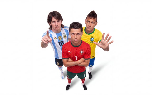Three football legends, Lionel Messi pointing, Cristiano Ronaldo with folded arms, and Neymar Jr. with an open palm, command attention in this powerful 4K wallpaper. This dynamic wallpaper captures the iconic trio in their national jerseys against a pristine white background, perfect for your MacOS or MacBook display. | football messi ronaldo soccer wallpaper neymar macos 4k wallpaper hd wallpaper athletes macbook imac Three football legends, Lionel Messi pointing, Cristiano Ronaldo with folded arms, and Neymar Jr. with an open palm, command attention in this powerful 4K wallpaper. This dynamic wallpaper captures the iconic trio in their national jerseys against a pristine white background, perfect for your MacOS or MacBook display.