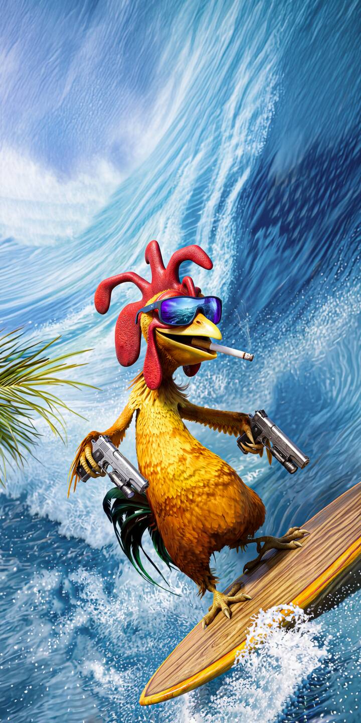 A swaggering rooster, sporting cool reflective sunglasses, two pistols, and a cigarette, confidently surfs a massive blue ocean wave in this action-packed 4K wallpaper. This vibrant, eye-catching wallpaper is perfect for personalizing your iPhone with a dose of humor and attitude. | wave bird iphone guns chicken wallpaper surfing cool mobile 4k wallpaper hd wallpaper rooster A swaggering rooster, sporting cool reflective sunglasses, two pistols, and a cigarette, confidently surfs a massive blue ocean wave in this action-packed 4K wallpaper. This vibrant, eye-catching wallpaper is perfect for personalizing your iPhone with a dose of humor and attitude.