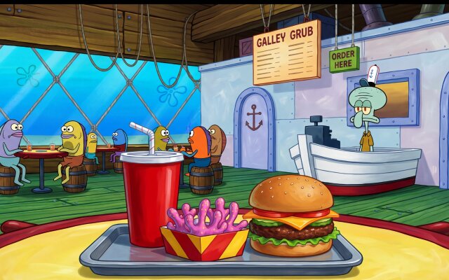 A colorful Krabby Patty and bright pink coral fries are front and center in this vibrant Krusty Krab interior 4K wallpaper. This charming cartoon wallpaper features Squidward at the register and fish customers enjoying their meals, perfect for any MacOS or MacBook device. | cartoon spongebob restaurant squidward krusty krab wallpaper macos animation 4k wallpaper hd wallpaper macbook imac A colorful Krabby Patty and bright pink coral fries are front and center in this vibrant Krusty Krab interior 4K wallpaper. This charming cartoon wallpaper features Squidward at the register and fish customers enjoying their meals, perfect for any MacOS or MacBook device.