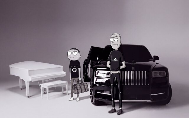 The iconic duo, Rick and Morty, stand stylized in black and white, adorned in an Adidas shirt and a Gucci ensemble alongside a luxury black SUV and a sleek white piano. This 4K wallpaper offers a unique high-fashion aesthetic for your MacBook or MacOS desktop wallpaper. | cartoon rick luxury wallpaper rick and morty macos 4k wallpaper hd wallpaper monochrome macbook imac morty The iconic duo, Rick and Morty, stand stylized in black and white, adorned in an Adidas shirt and a Gucci ensemble alongside a luxury black SUV and a sleek white piano. This 4K wallpaper offers a unique high-fashion aesthetic for your MacBook or MacOS desktop wallpaper.